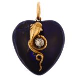 A large Victorian blue enamel and diamond coiled snake heart memorial locket pendant, circa 1880,