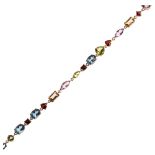 A modern 9ct gold gem set tennis line bracelet, gemstones include diamond amethyst garnet citrine