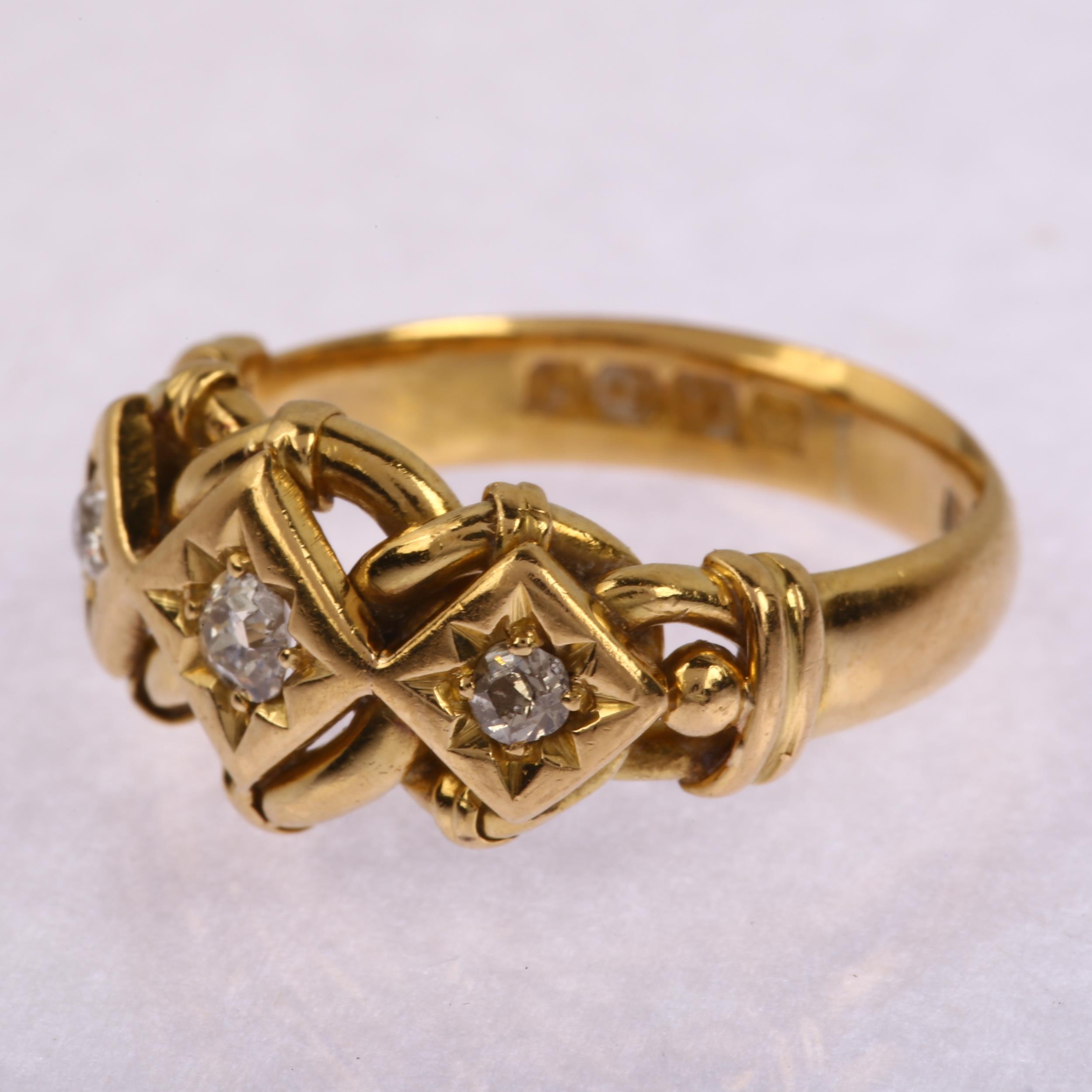 An early 20th century 18ct gold three-stone diamond ring, star set with old-cut diamonds and curb - Image 3 of 4