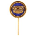 An Antique blue enamel ruby emerald and diamond crown stickpin, unmarked gold settings with engine