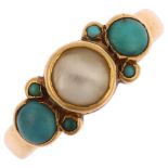 A 19th century 18ct gold seven stone pearl and turquoise ring, bezel set with round cabochon
