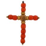An Italian 19th century faceted coral cross pendant, unmarked gold settings, pendant height 38.