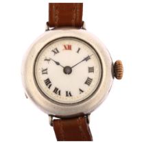A First World War Period silver Officer's trench style mechanical wristwatch, white enamel dial with