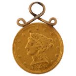 A United States Of America 1854 gold two and half dollars coin, with gold soldered pendant mount,