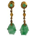 A pair of Chinese 14ct gold jade 'Basket Of Fruit' drop earrings, with circular cabochon jade