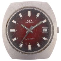 TECHNOS - a stainless steel automatic wristwatch head, ref. 10182, circa 1970s, red dial with