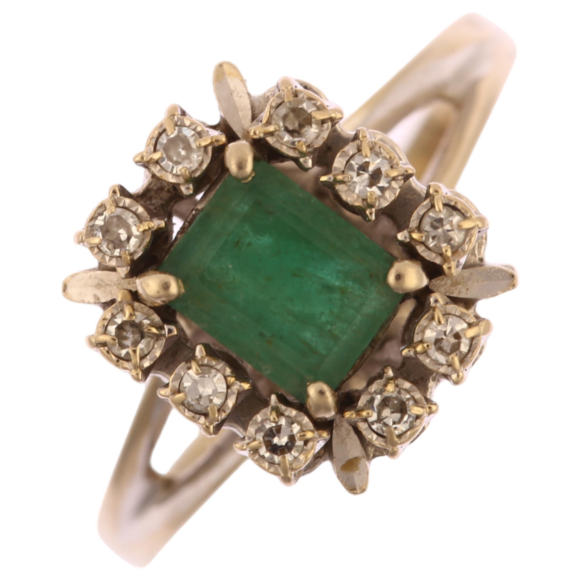 A late 20th century French white gold emerald and diamond rectangular cluster ring, set with