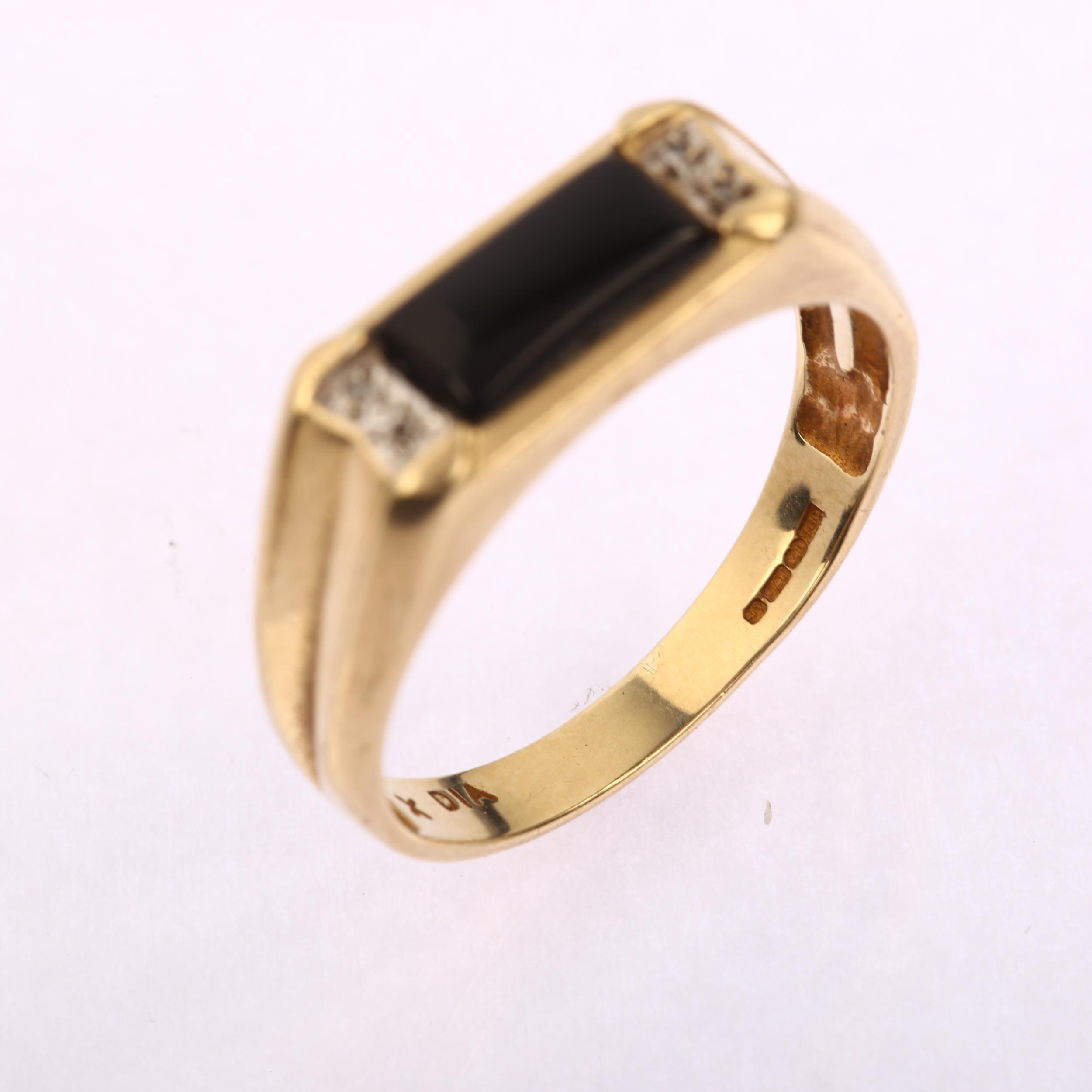 A large modern 9ct gold onyx and diamond signet ring, setting height 7.4mm, size X, 4.3g No damage - Image 3 of 4