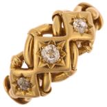 An early 20th century 18ct gold three-stone diamond ring, star set with old-cut diamonds and curb