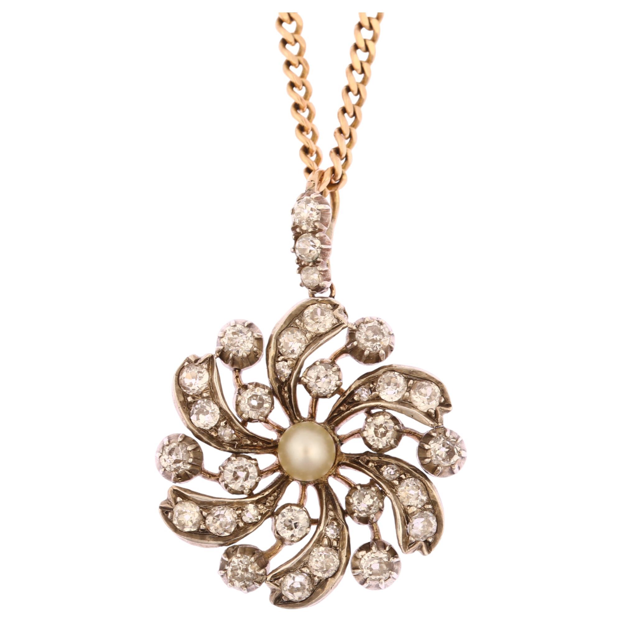 A Victorian natural pearl and diamond flowerhead pendant necklace, circa 1880, unmarked silver and