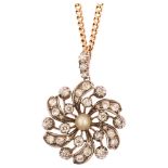 A Victorian natural pearl and diamond flowerhead pendant necklace, circa 1880, unmarked silver and