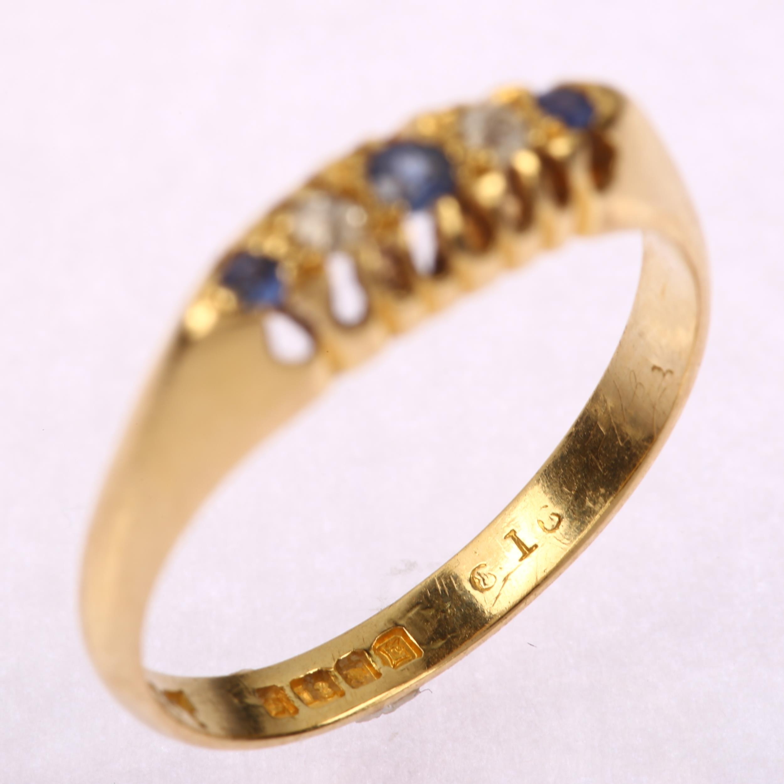 An early 20th century 18ct gold graduated five stone sapphire and diamond half hoop ring, - Image 3 of 4