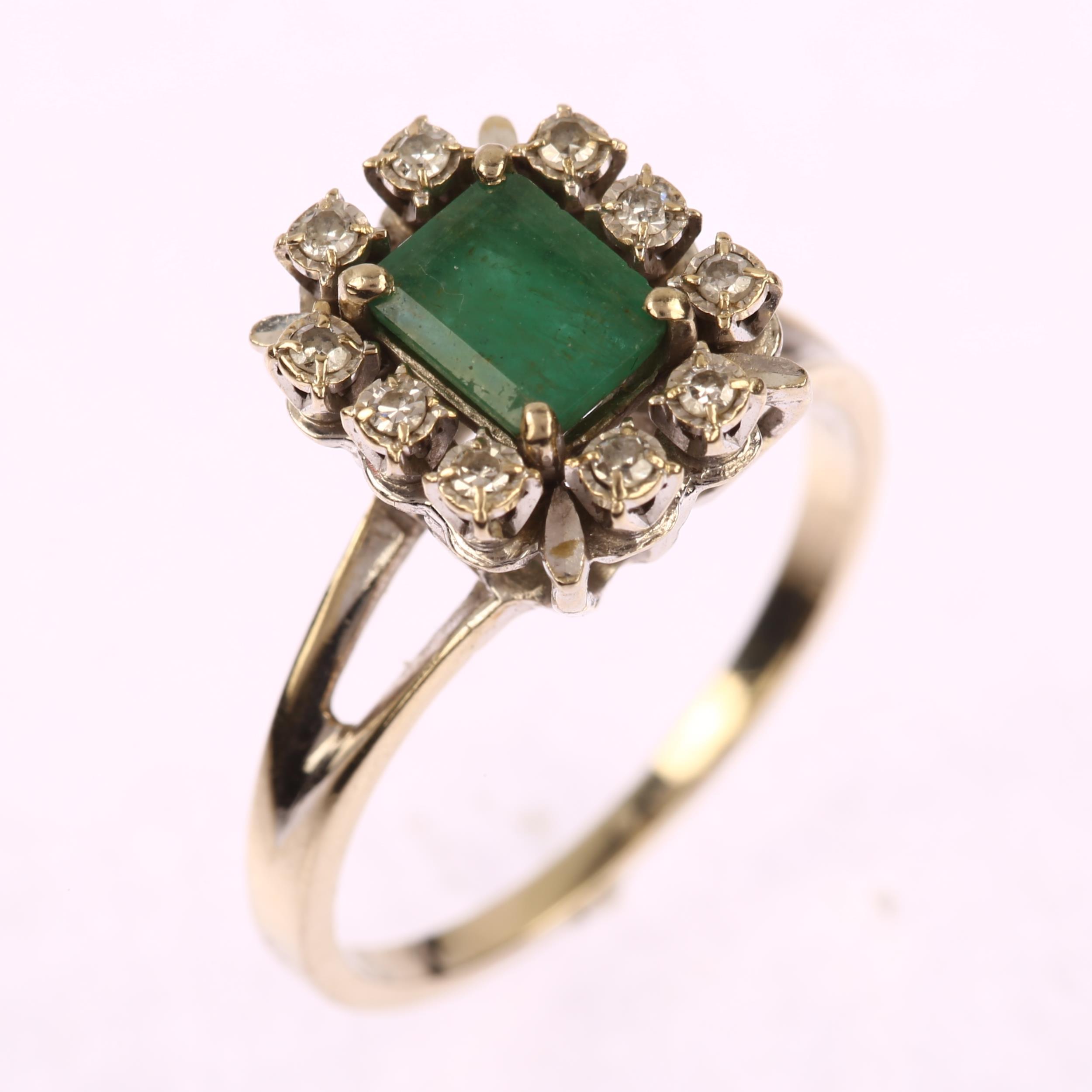 A late 20th century French white gold emerald and diamond rectangular cluster ring, set with - Image 2 of 4