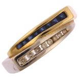 A modern 14ct two-colour gold sapphire and diamond crossover ring, set with square-cut sapphires and