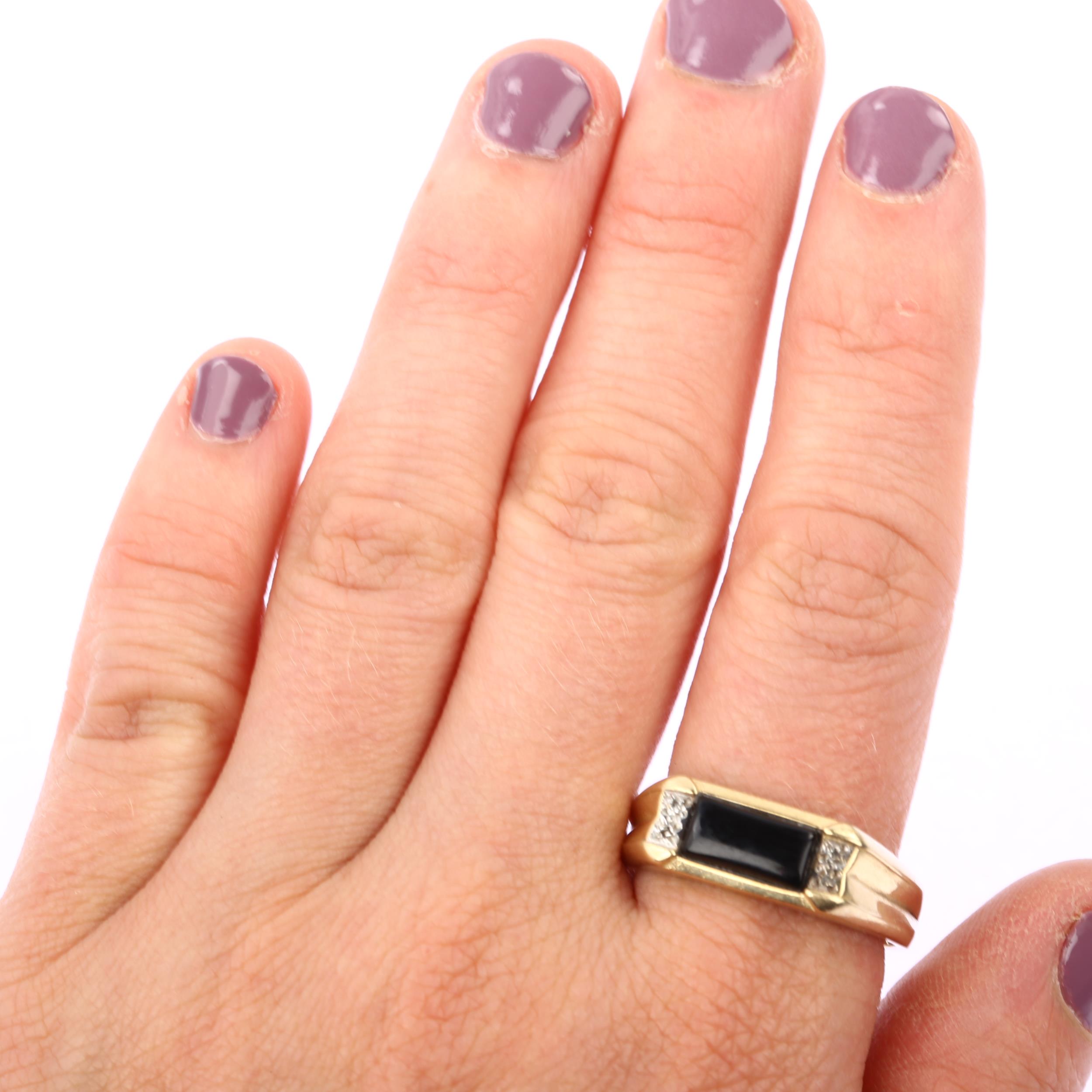 A large modern 9ct gold onyx and diamond signet ring, setting height 7.4mm, size X, 4.3g No damage - Image 4 of 4