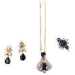 An 18ct gold sapphire and diamond demi-parure, comprising pendant necklace, ring and pair of stud