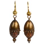 A pair of Victorian Etruscan Revival bombe drop earrings, circa 1870, unmarked gold settings with
