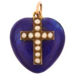 A Victorian blue enamel and pearl cross heart memorial locket pendant, circa 1860, unmarked gold