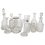 Various cut-glass and other decanters and stoppers, tallest 32.5cm, pair of candlesticks and a