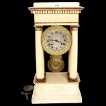 An early 20th century alabaster Portico clock, 8-day bell striking movement, silvered dial, gilded