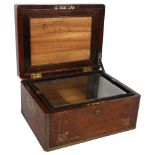 A Victorian brass-bound and burr-walnut gentleman's travelling vanity box, L30cm, H15cm, D23cm The