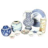 A Chinese blue and white ginger jar, 16cm, jar and cover, tea bowls, etc