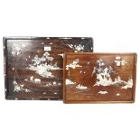 2 rectangular Chinese hardwood tea trays, both having mother-of-pearl inlaid decoration, largest