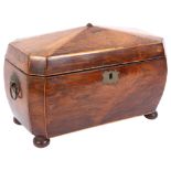 A Regency mahogany and satinwood-strung tea caddy, on bun feet, W31cm (A/F)