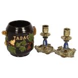 A Vintage French tobacco jar, inscription "Tabac", with salt glaze finish, with leaf and grape