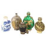 A group of Oriental snuff bottles, including blue and white, resin study, white metal etc (3)