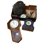 A Victorian black slate and marble mantel clock (no key or pendulum), a drop dial wall clock, an