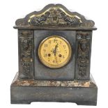 A slate and marble-cased mantel clock, with mask decoration, H34cm