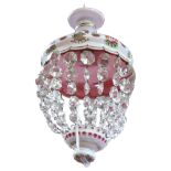 A 20th century Bohemian glass baguette chandelier, enamel shade and glass lustre drops, drop 40cm