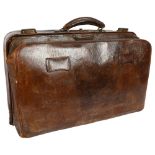 A Vintage leather Gladstone or Doctor's carry bag, with chequered fabric inlay and central