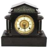 A Victorian painted black metal architectural mantel clock, an 8-day Ansonia Clock Company