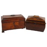 A 19th century rosewood tea caddy, and a mahogany and chequered banded 19th century tea caddy,