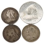 3 Victorian silver crowns, 1893, '92 and '96, and a Queen Victoria commemorative medallion