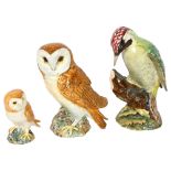 BESWICK - woodpecker, pattern no. 1218, height 22cm, and 2 Beswick Barn owls Perfect condition