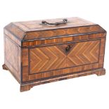 An 18th century specimen wood and ebony banded tea caddy, W25cm There is quite a lot of