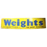 An early 20th century tin sign "Weights" Cigarettes For More Pleasure, length 147.5cm