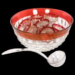 Vintage Fostoria glass punch bowl with 12 cups, 33.5cm across