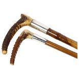 2 horn-handled riding crops, 1 having a faux bamboo cane and silver mount, initialled A.M.C.