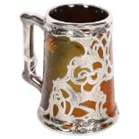 J B Owens, American Art Nouveau pottery mug with silver overlay decoration, impressed marks under