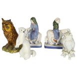 2 Rye Pottery Canterbury Pilgrim figures, 2 Continental owls, and a USSR stoat, H18cm