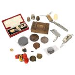 A box of various items, to include silver cufflinks, cartwheel penny, penknives, thimbles etc