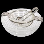 Riedel Glass, a mid-century ribbed glass caviar bowl, with silver plated mounts and tongs,