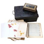 Deed box, cash tin, dried pressed flowers and leaves