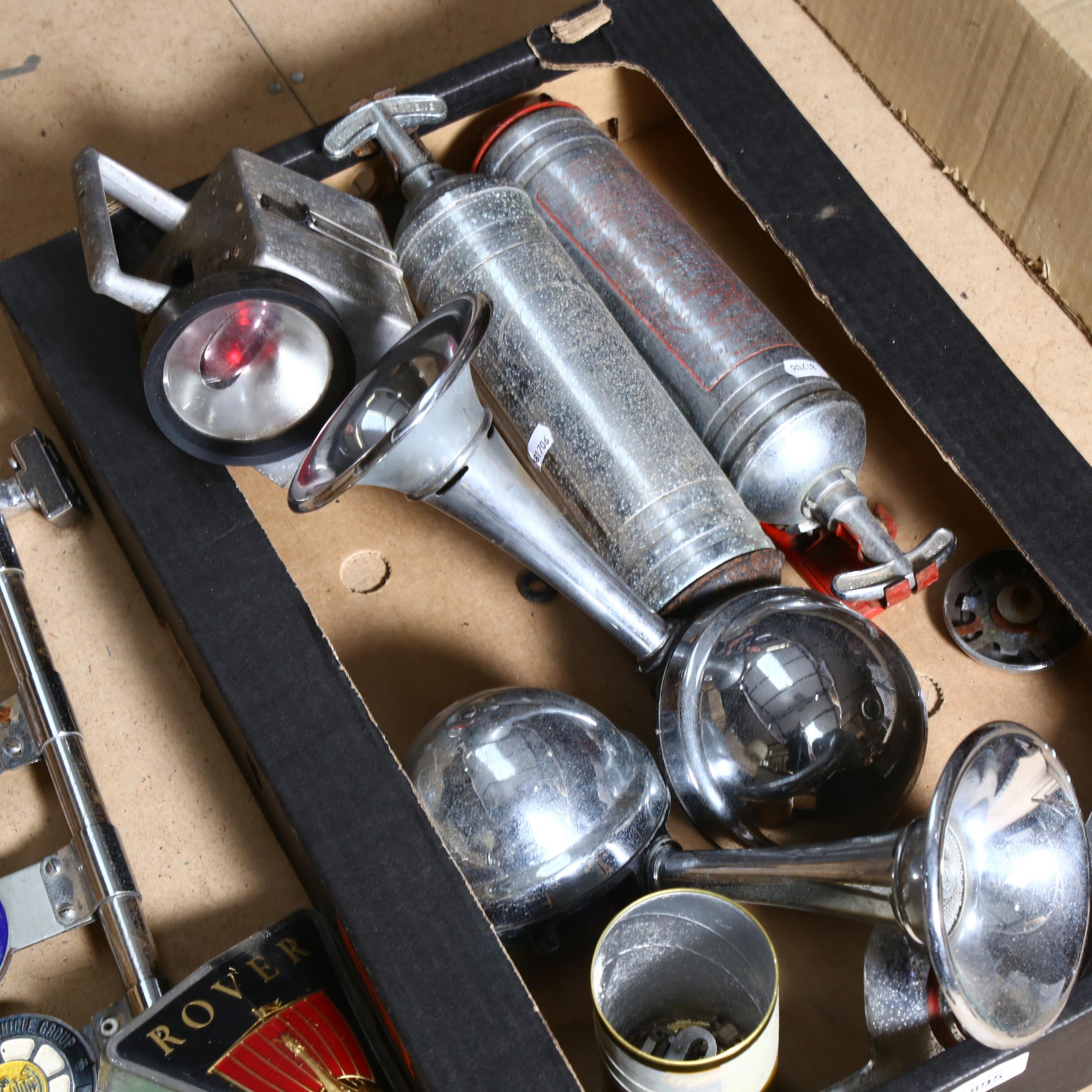 A group of Vintage motoring badges, 2 fire extinguishers, a railway lamp, Lucas horns etc - Image 2 of 2