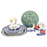 Dog and cat ornaments, a Victorian toothbrush holder, H14cm, Spode Italian and other blue and