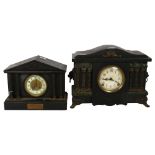 A Victorian stained wood architectural design mantel clock, with brass Corinthian columns and lion